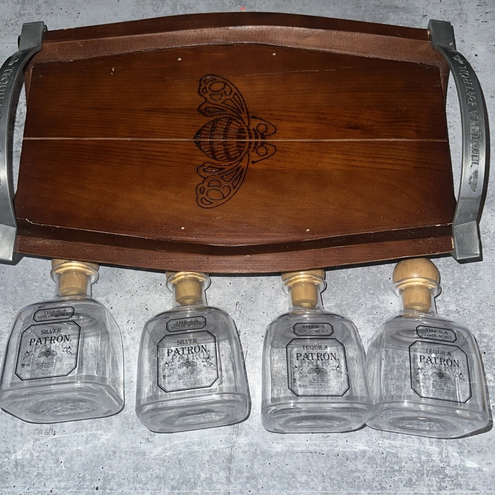 Patron Tequila Reusable 4 Plastic Bottle Cups + Wood Plater